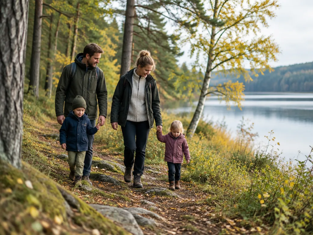 Familj med två små barn på en skogsstig vid en sjö en höstdag