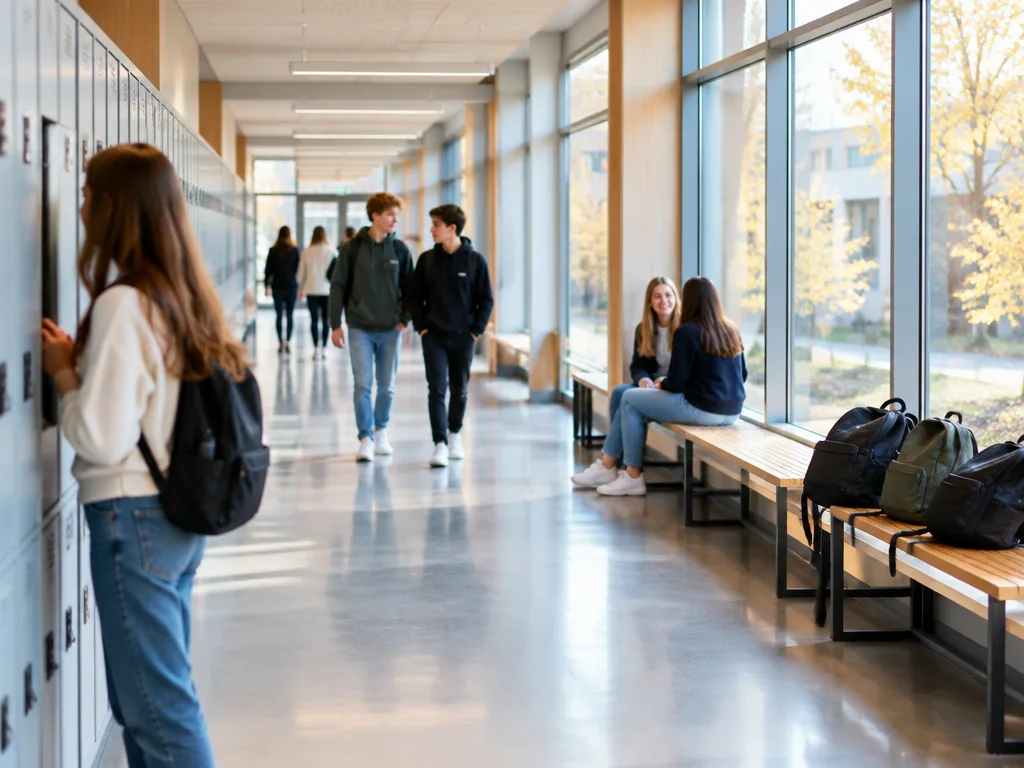 Gymnasieelever i en ljus skolkorridor med skåp och höstlöv utanför fönstren